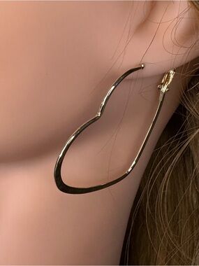 Gold Heart Hoop Drop Earrings Minimalist 2.25 Inch